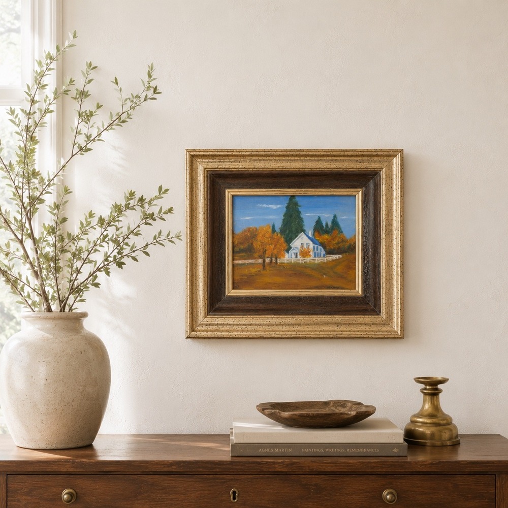Vintage Farmhouse Landscape Oil‎ Painting Signed M.C. Evans Gold Gilt Frame